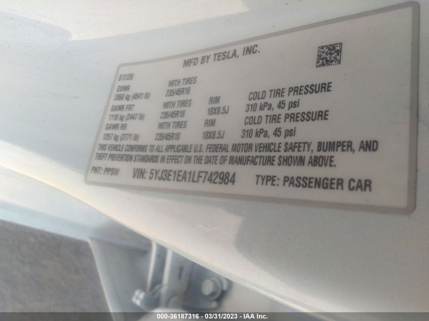 2020 TESLA MODEL 3 STANDARD RANGE - 5YJ3E1EA1LF742984