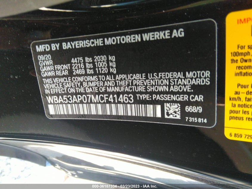 VIN WBA53AP07MCF41463 2021 BMW 4 SERIES 430I
