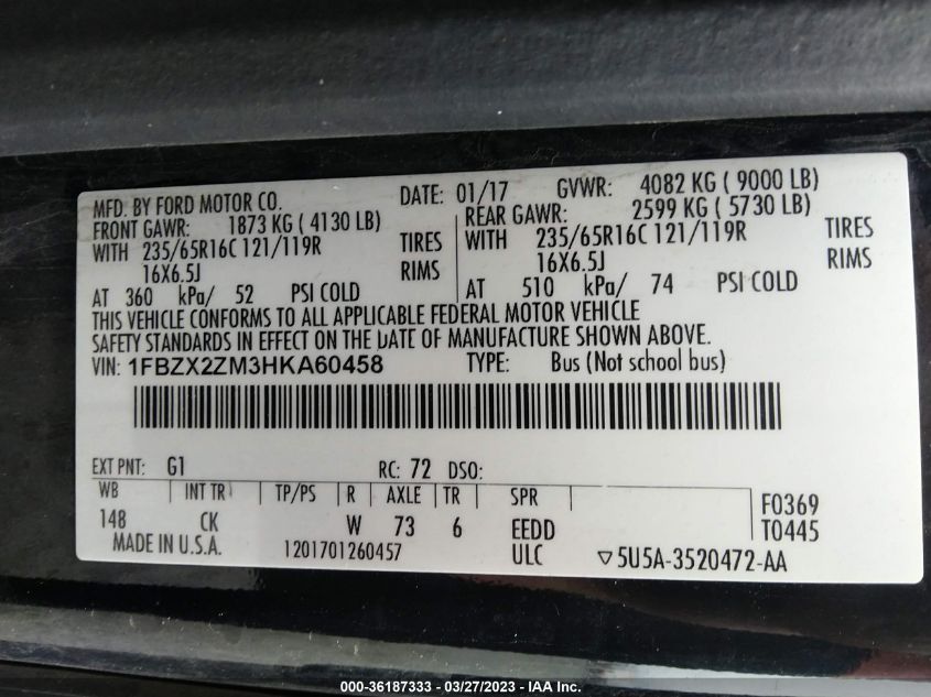 2017 FORD TRANSIT WAGON XL/XLT 1FBZX2ZM3HKA60458