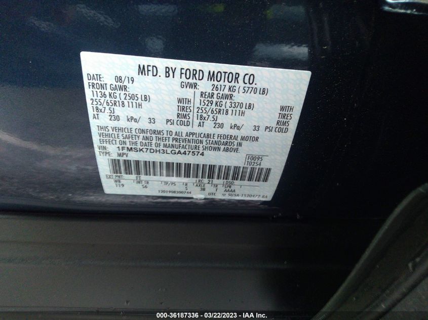 VIN 1FMSK7DH3LGA47574 2020 FORD EXPLORER XLT