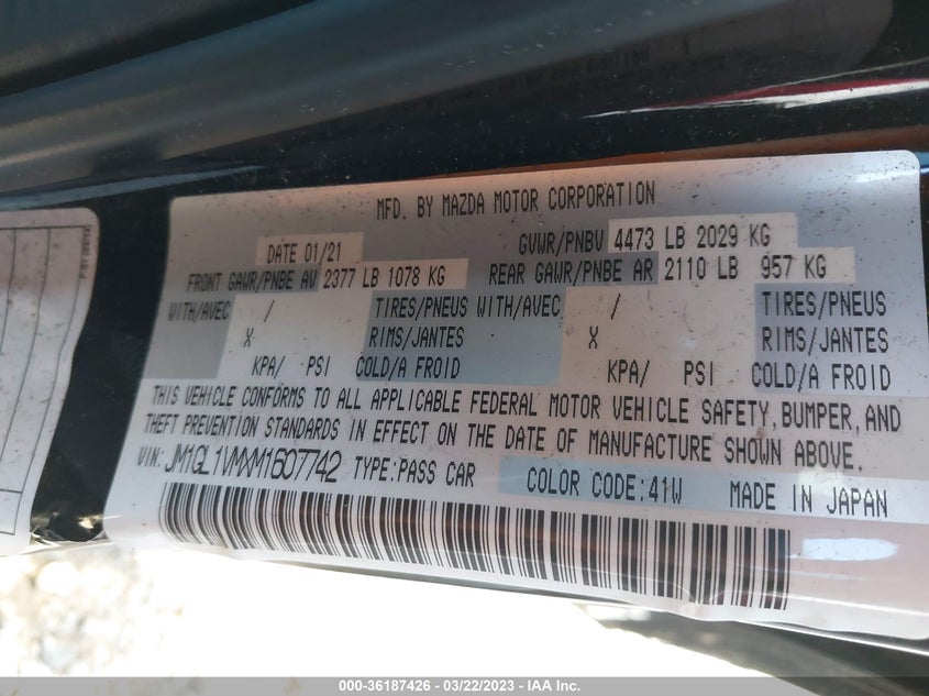 VIN JM1GL1VMXM1607742 2021 MAZDA MAZDA6 TOURING