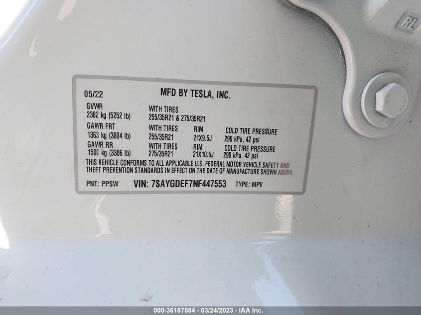 VIN 7SAYGDEF7NF447553 2022 TESLA MODEL Y PERFORMANCE