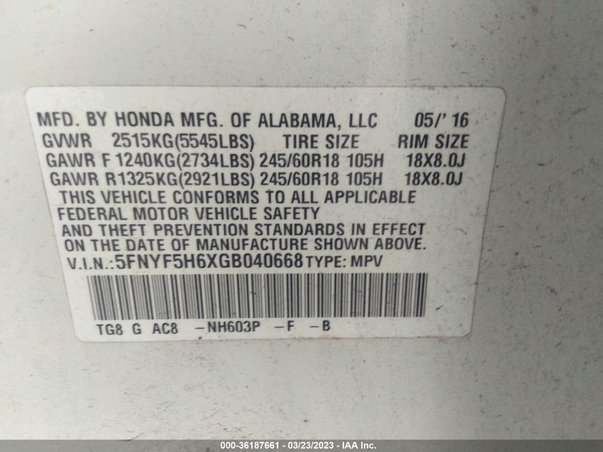 2016 HONDA PILOT EX-L - 5FNYF5H6XGB040668