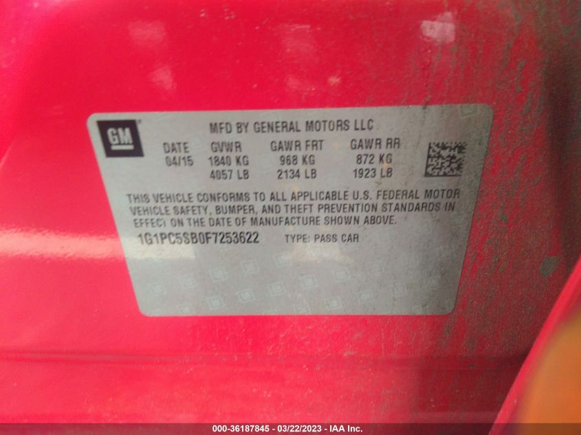 2015 CHEVROLET CRUZE LT - 1G1PC5SB0F7253622