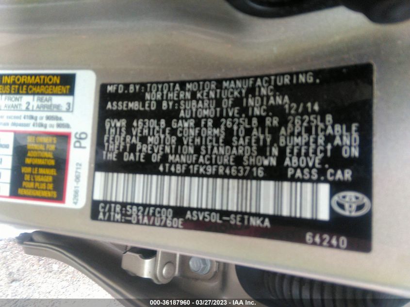 2015 TOYOTA CAMRY XLE/SE/LE/XSE - 4T4BF1FK9FR463716