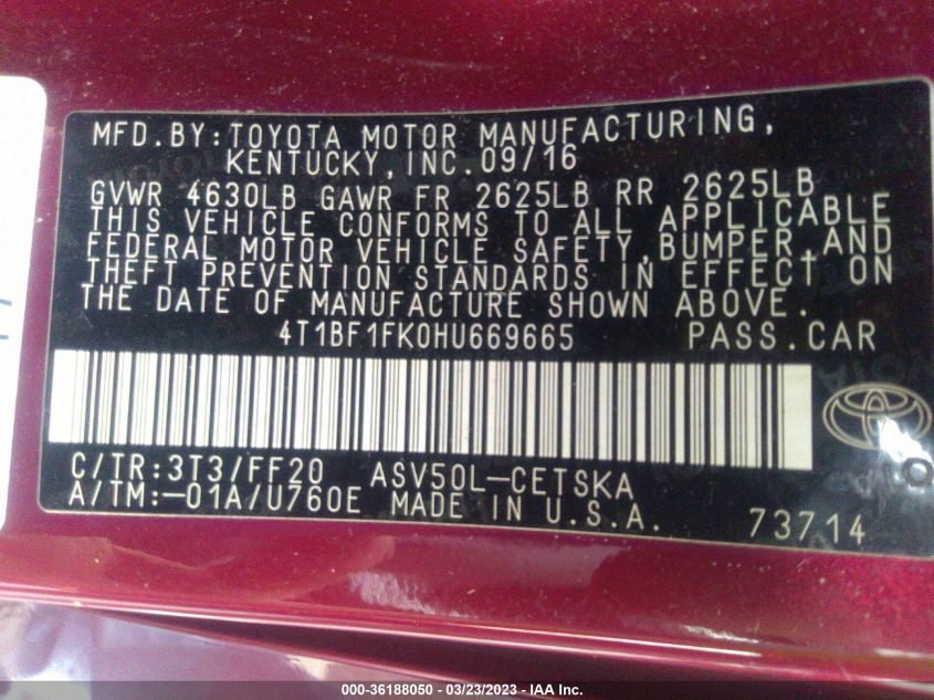 2017 TOYOTA CAMRY XLE/SE/LE/XSE - 4T1BF1FK0HU669665