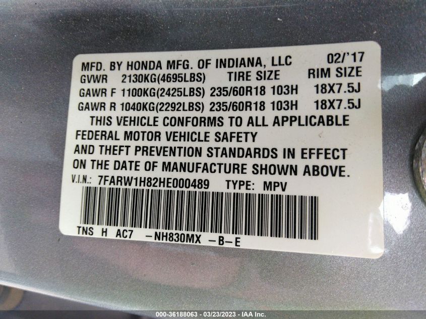 2017 HONDA CR-V EX-L - 7FARW1H82HE000489