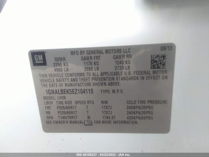 2014 CHEVROLET EQUINOX LT - 1GNALBEK5EZ104110
