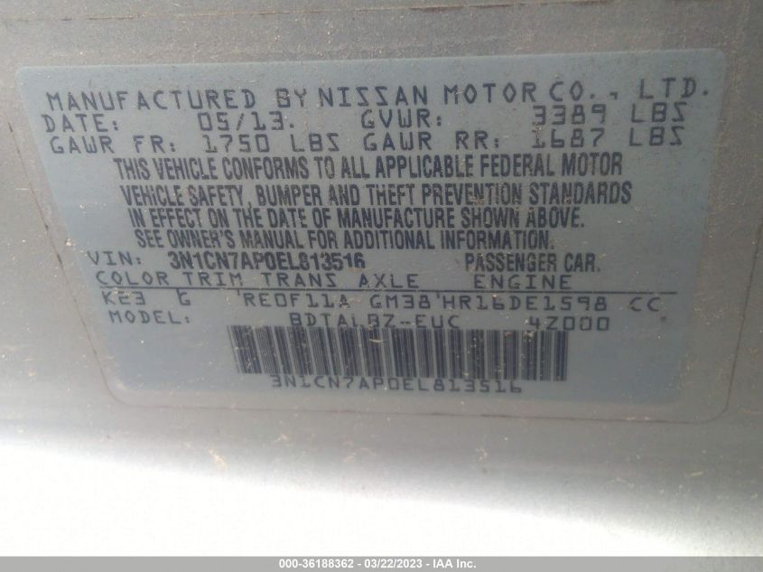 2014 NISSAN VERSA SV - 3N1CN7AP0EL813516