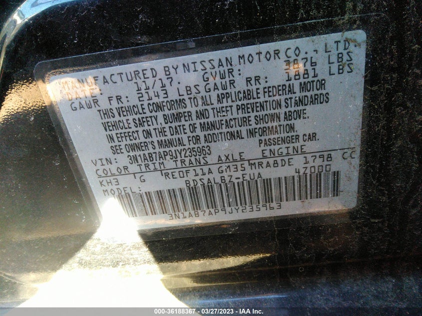 VIN 3N1AB7AP9JY235963 2018 NISSAN SENTRA S