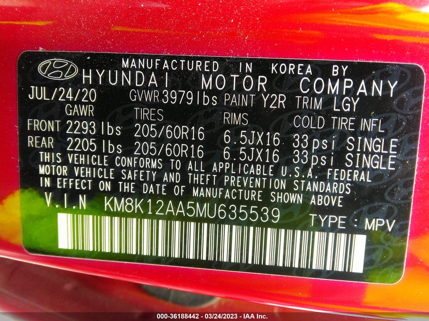 VIN KM8K12AA5MU635539 2021 HYUNDAI KONA SE