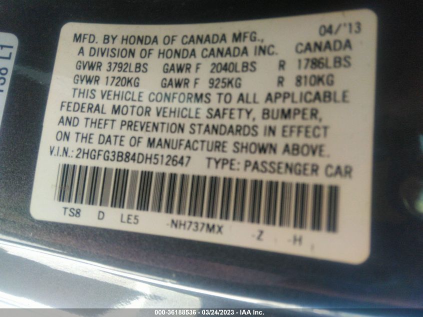 2013 HONDA CIVIC CPE EX - 2HGFG3B84DH512647