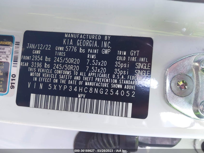 VIN 5XYP34HC8NG254052 2022 KIA TELLURIDE EX
