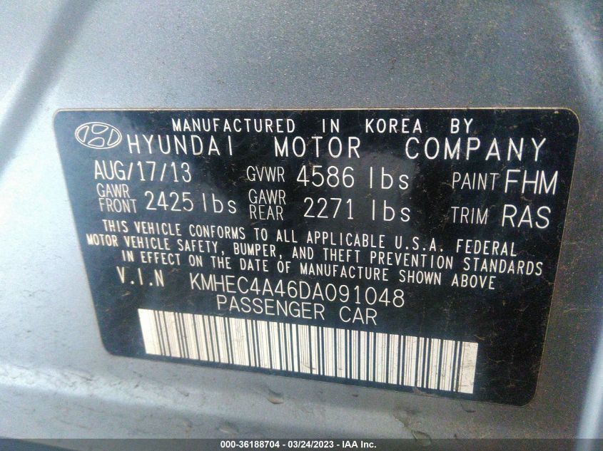 2013 HYUNDAI SONATA HYBRID LIMITED - KMHEC4A46DA091048