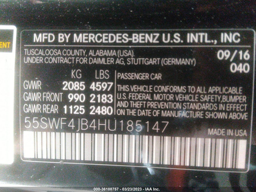 VIN 55SWF4JB4HU185147 2017 MERCEDES-BENZ C-CLASS C 300