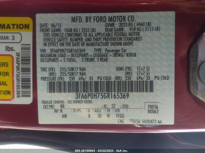 2016 FORD FUSION SE - 3FA6P0H75GR165369