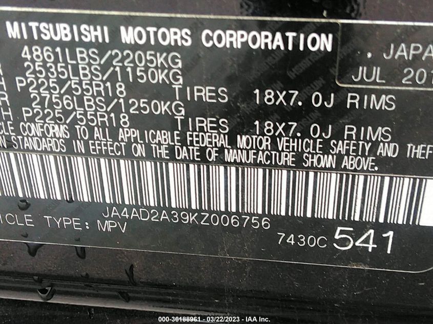 2019 MITSUBISHI OUTLANDER ES - JA4AD2A39KZ006756