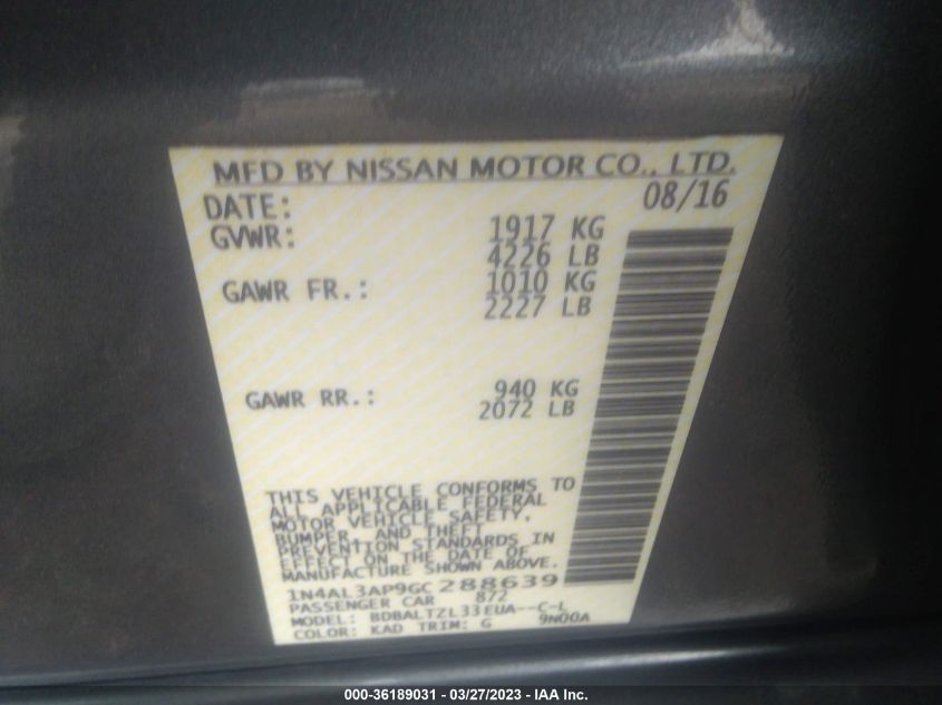 2016 NISSAN ALTIMA 2.5 SL - 1N4AL3AP9GC288639