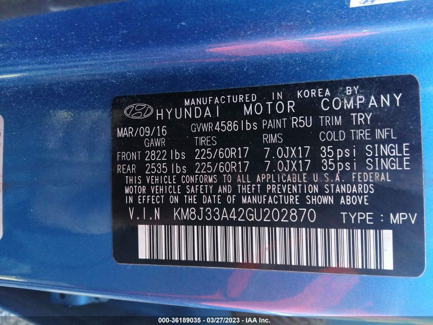 2016 HYUNDAI TUCSON SE - KM8J33A42GU202870