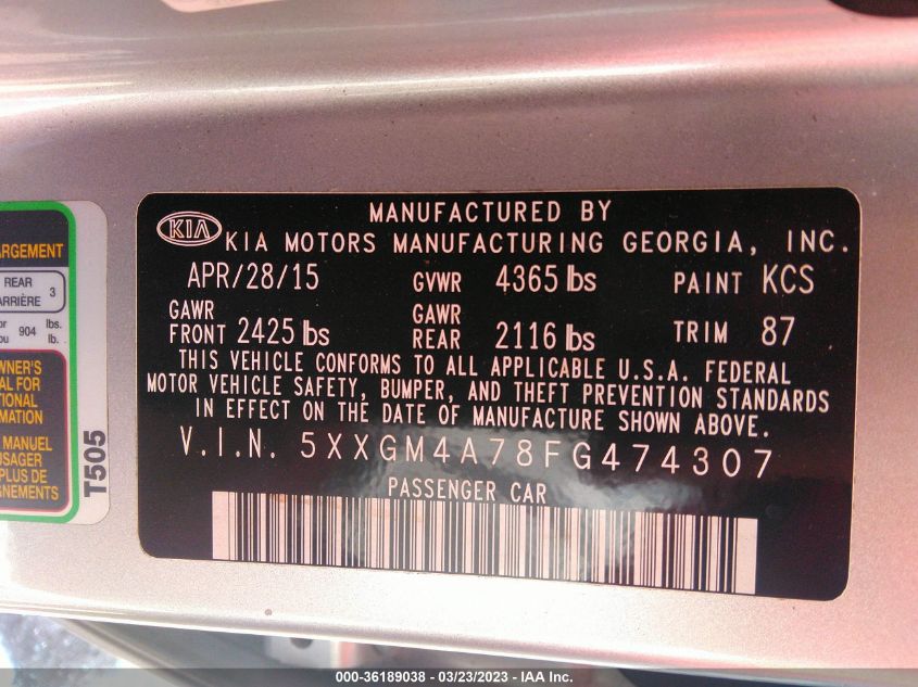 2015 KIA OPTIMA LX - 5XXGM4A78FG474307