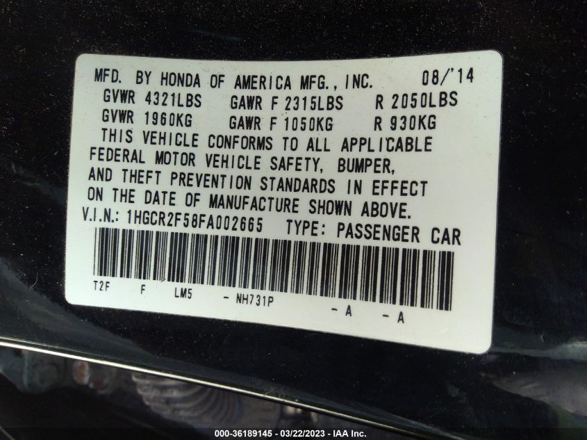 2015 HONDA ACCORD SEDAN SPORT - 1HGCR2F58FA002665