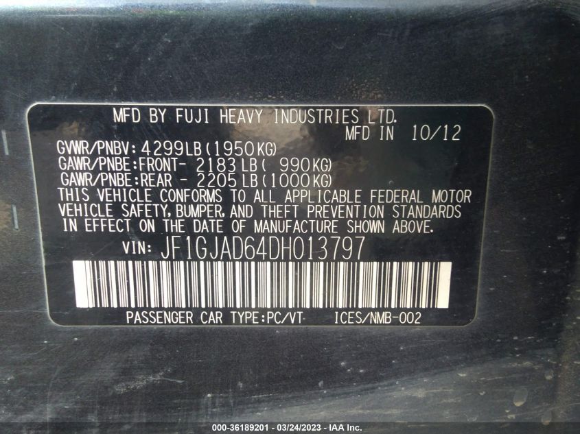 2013 SUBARU IMPREZA SEDAN PREMIUM - JF1GJAD64DH013797