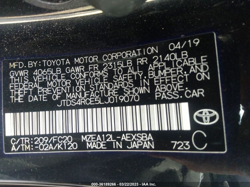 2020 TOYOTA COROLLA SE/NIGHTSHADE - JTDS4RCE5LJ019070