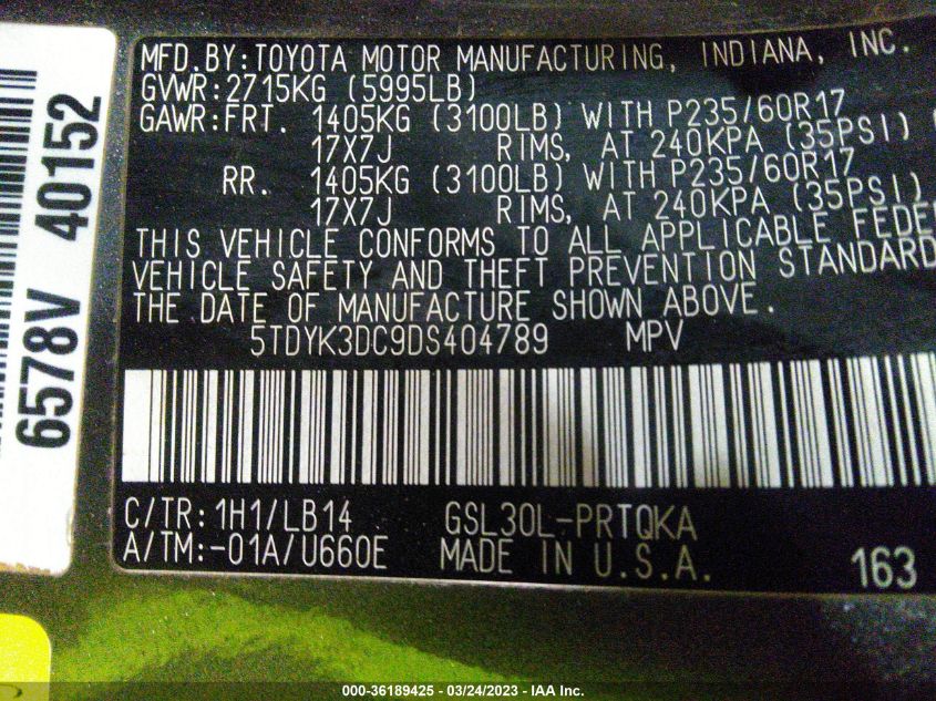 2013 TOYOTA SIENNA XLE AAS/XLE/LTD - 5TDYK3DC9DS404789
