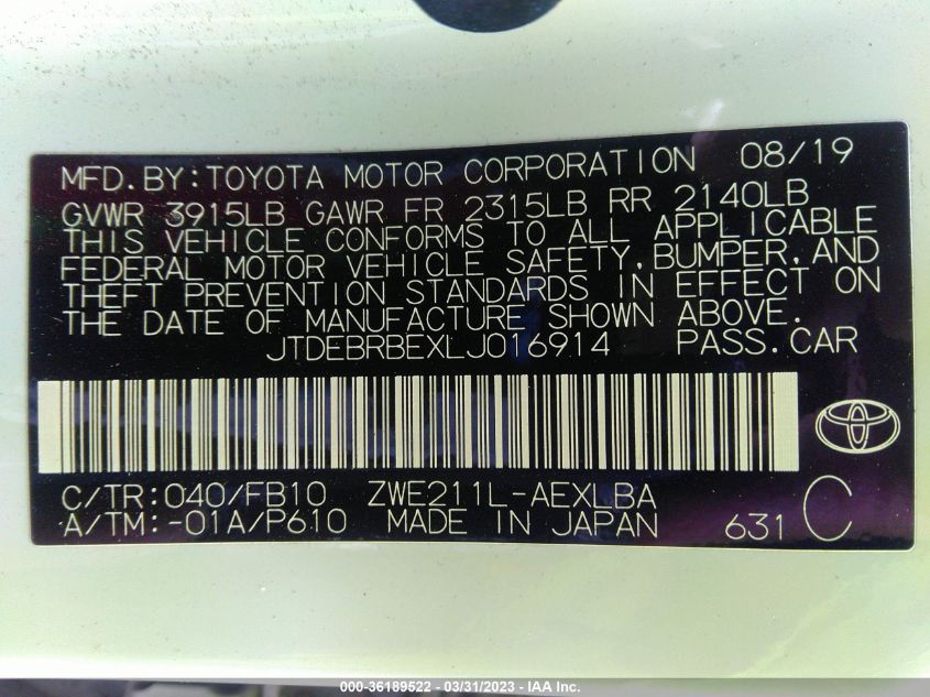 2020 TOYOTA COROLLA HYBRID LE - JTDEBRBEXLJ016914