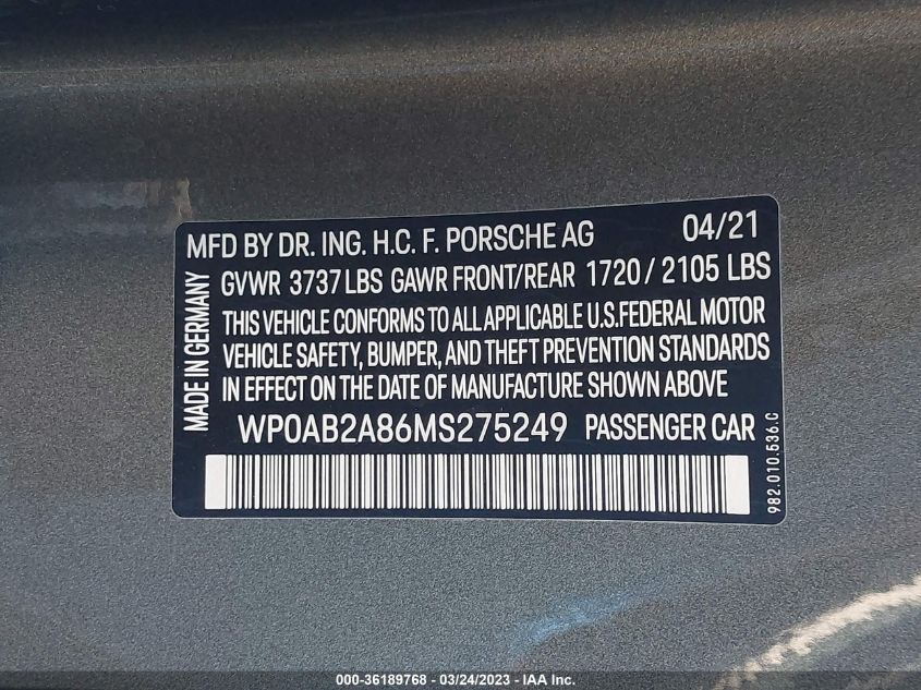 2021 PORSCHE 718 CAYMAN S - WP0AB2A86MS275249