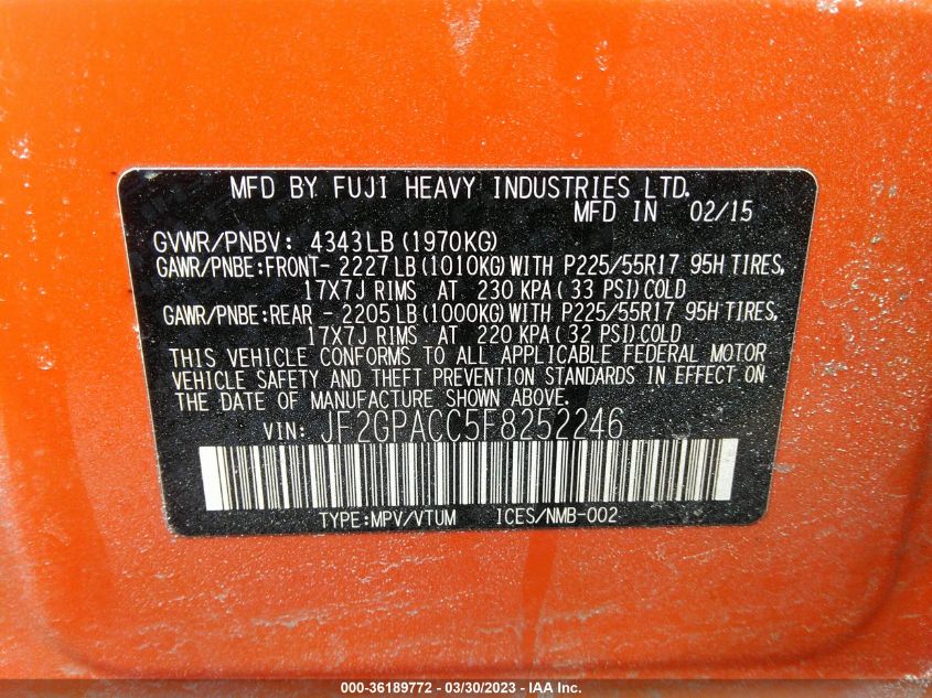 2015 SUBARU XV CROSSTREK PREMIUM - JF2GPACC5F8252246