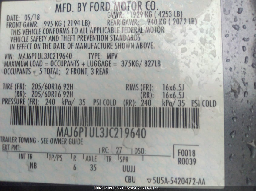 VIN MAJ6P1UL3JC219640 2018 FORD ECOSPORT SE