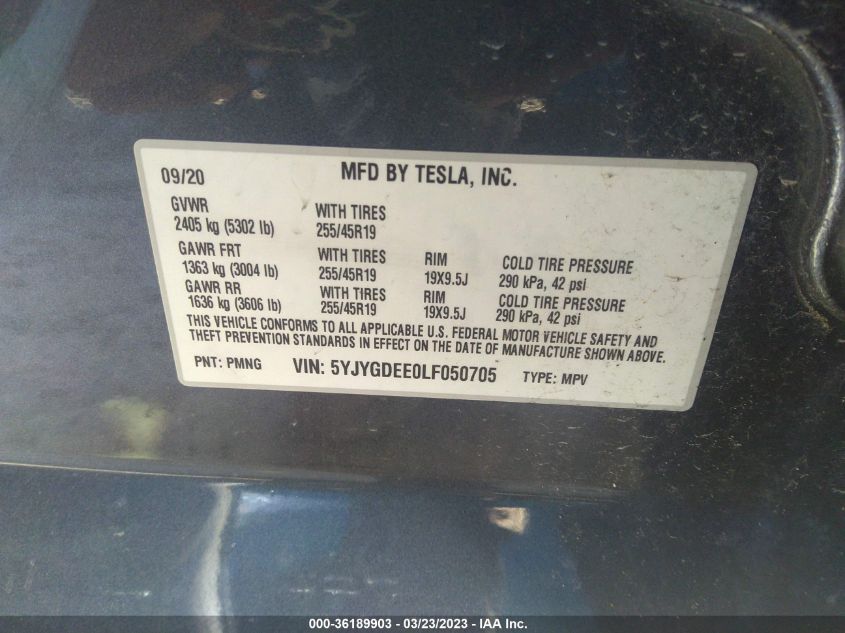 2020 TESLA MODEL Y LONG RANGE - 5YJYGDEE0LF050705