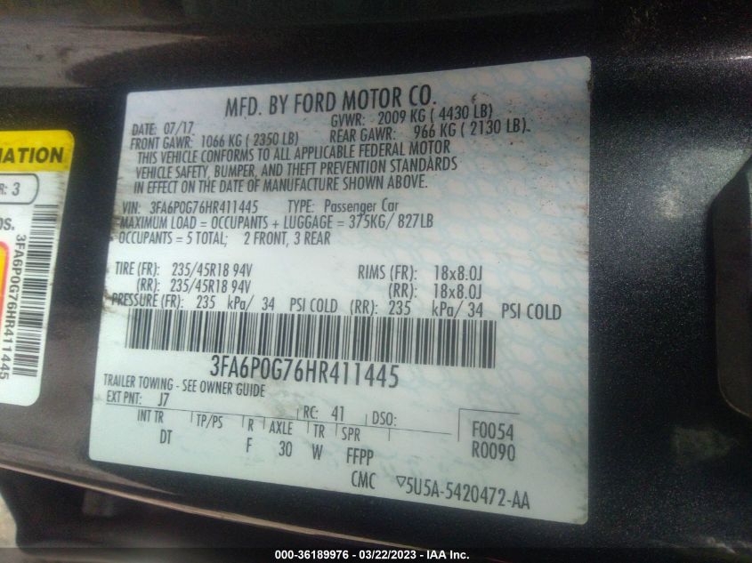 2017 FORD FUSION S - 3FA6P0G76HR411445