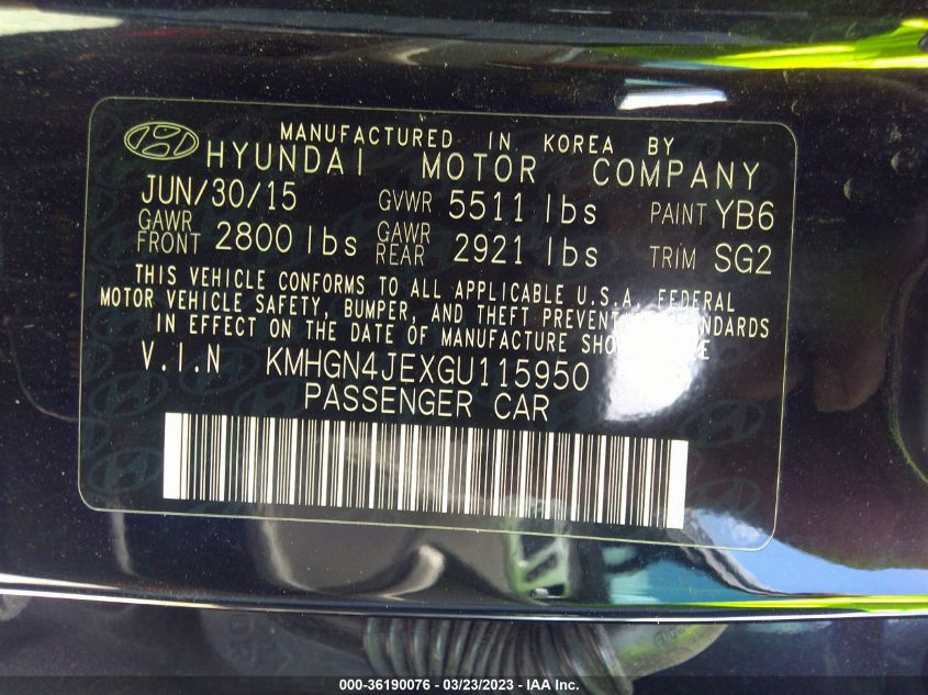 2016 HYUNDAI GENESIS 3.8L - KMHGN4JEXGU115950