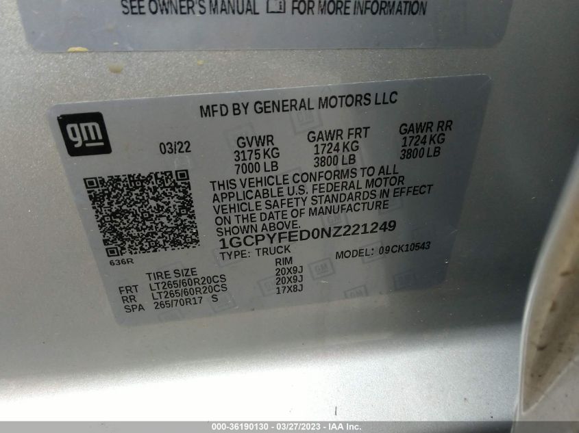 2022 CHEVROLET SILVERADO 1500 LTD LT TRAIL BOSS 1GCPYFED0NZ221249