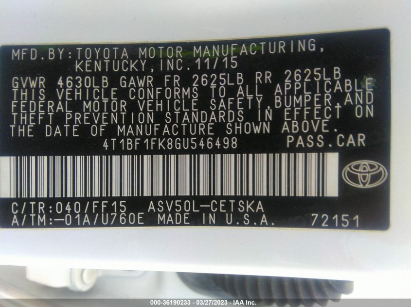 2016 TOYOTA CAMRY XLE/SE/LE/XSE - 4T1BF1FK8GU546498
