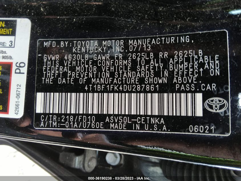 2013 TOYOTA CAMRY L/LE/SE/XLE - 4T1BF1FK4DU287861