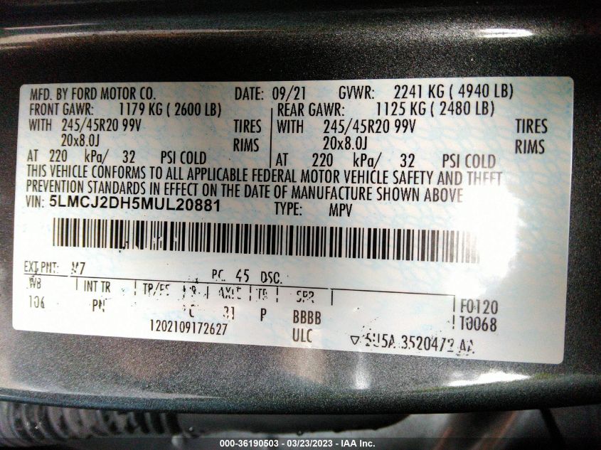 2021 LINCOLN CORSAIR RESERVE - 5LMCJ2DH5MUL20881