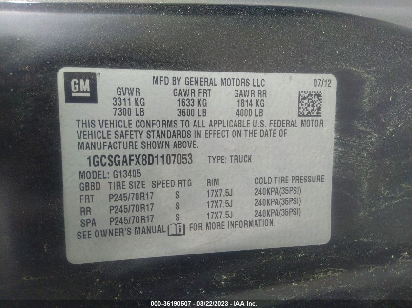 2013 CHEVROLET EXPRESS 1500 WORK VAN 1GCSGAFX8D1107053