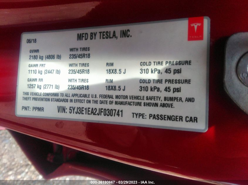 2018 TESLA MODEL 3 RANGE BATTERY - 5YJ3E1EA2JF030741