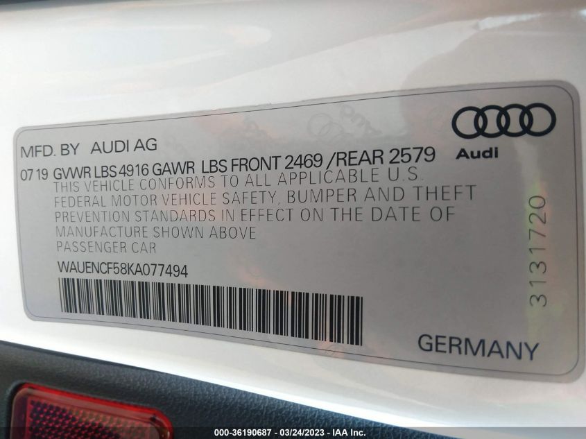2019 AUDI A5 SPORTBACK PREMIUM PLUS - WAUENCF58KA077494