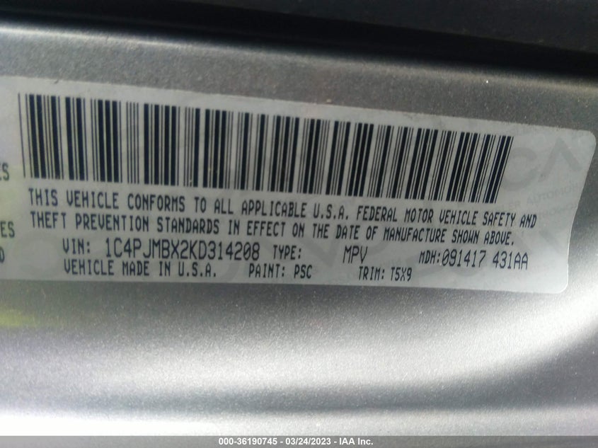 VIN 1C4PJMBX2KD314208 2019 JEEP CHEROKEE TRAILHAWK