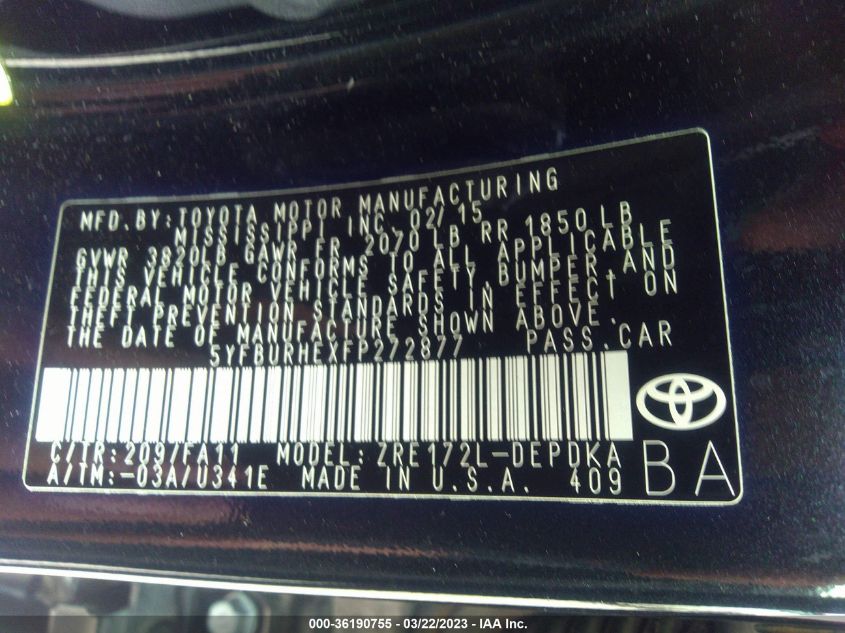 2015 TOYOTA COROLLA L/LE/S/S PLUS/LE PLUS - 5YFBURHEXFP272877