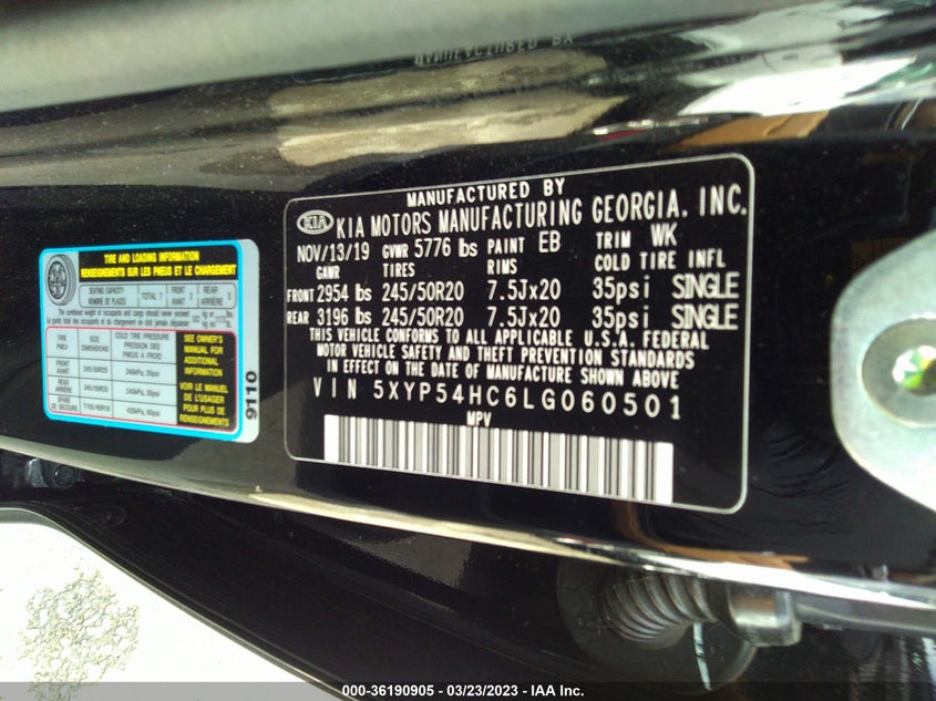 VIN 5XYP54HC6LG060501 2020 KIA TELLURIDE SX