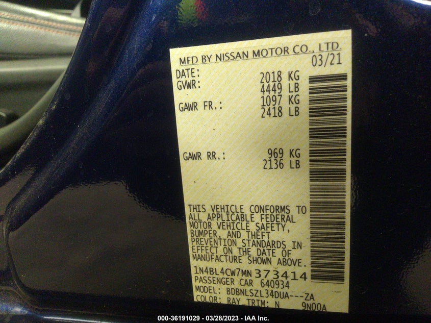 VIN 1N4BL4CW7MN373414 2021 NISSAN ALTIMA 2.5 SR