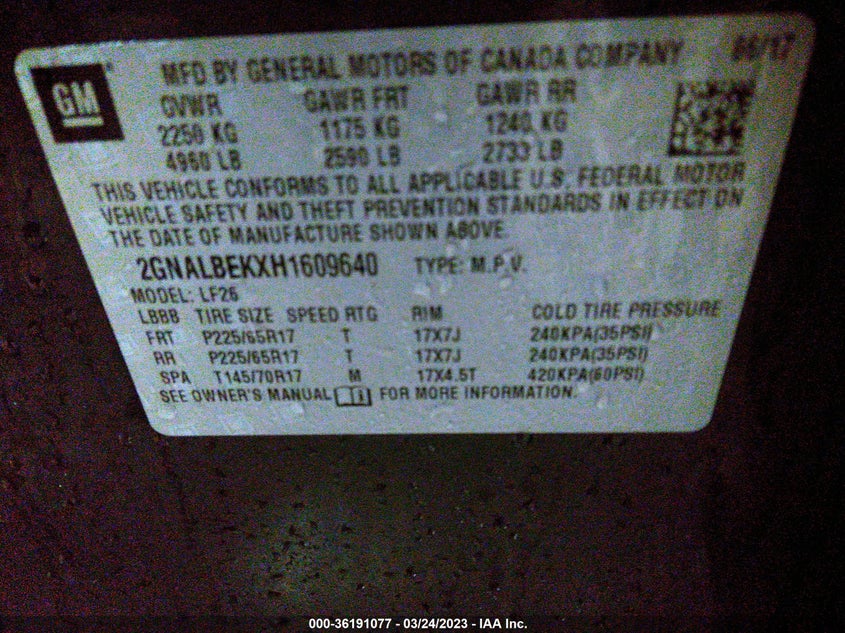 VIN 2GNALBEKXH1609640 2017 CHEVROLET EQUINOX LS