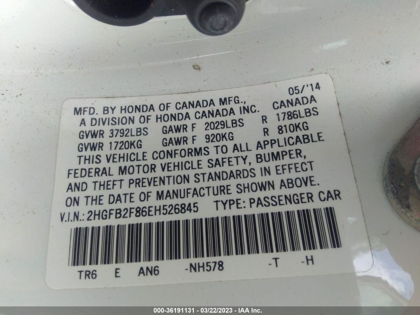 2014 HONDA CIVIC SEDAN EX - 2HGFB2F86EH526845