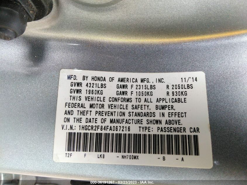2015 HONDA ACCORD SEDAN EX-L - 1HGCR2F84FA067216