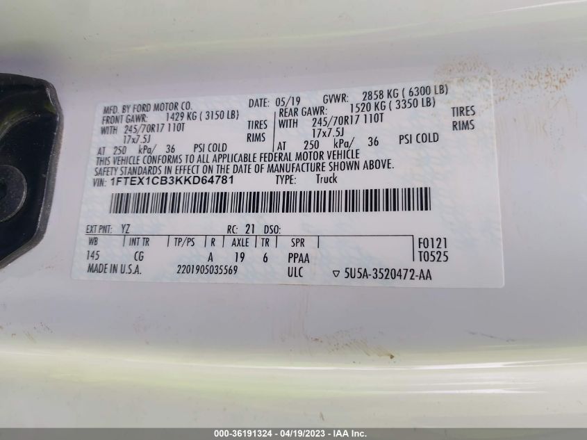 2019 FORD F-150 XL/XLT - 1FTEX1CB3KKD64781